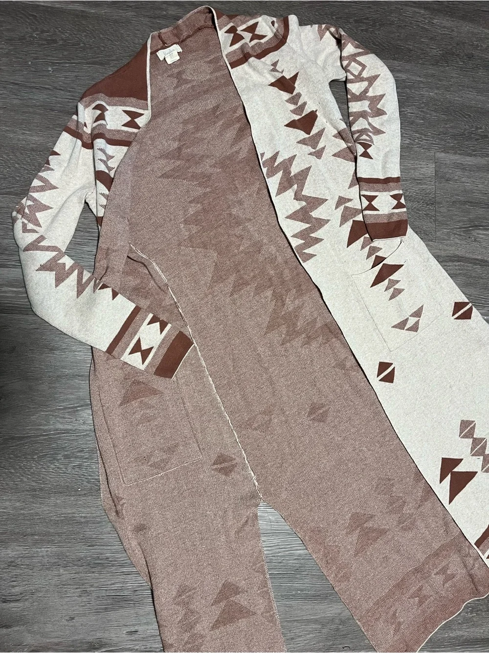 Tribal Aztec Long Open Cardigan - Brown & Cream - Picture 1 of 2